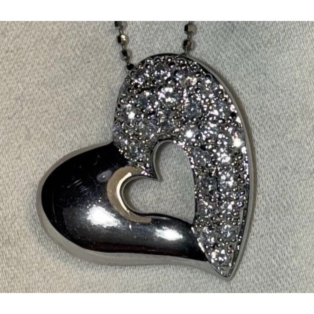 Sterling Silver 925 Necklace – 15" Chain with Rhinestone Heart Charm – Vintage‎